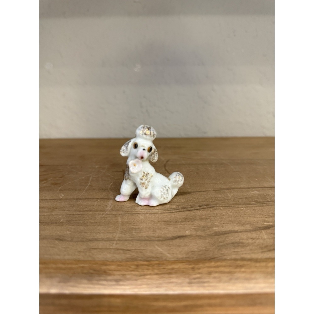 Vintage Small Porcelain Poodle Figurine Gold Pink Accents Japan Dog Collectible
